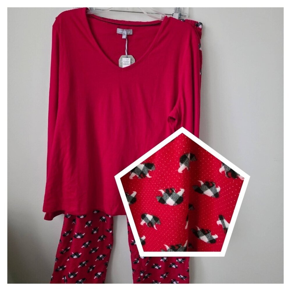NWT LORD & TAYLOR | PJ set Flannel 100% Jersey Cotton Holiday Red Bear Sz XL